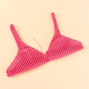 Harnais de corps chic en perles roses style bikini avec chaînes en métal argenté