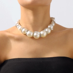 Elegant heavy duty pearl choker necklace featuring large round pearls and rhinestone accents