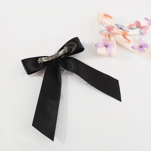 Elegant black satin ribbon bow hair clip with dreamy colorful butterfly accents