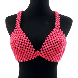 Haut de bikini perlé fait main rose vif avec perles en résine pour femmes