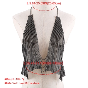 Macro view of adjustable crystal rhinestone body chain with metallic mesh and fringe detail