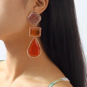 Exaggerated geometric resin drop earrings with multicolor faceted stones and gold frames