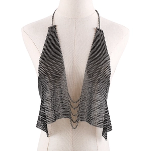 Sexy black metal mesh halter body chain top with deep V-neck and layered chains