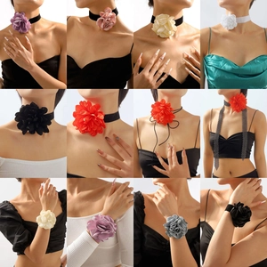 Handmade 3D Fabric Flower Choker For Women Vintage Satin Rose Camellia Ribbon Choker Neck Tie Jewelry Party Accessories