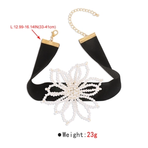 Detail view of large pearl flower choker with measurements and adjustable chain