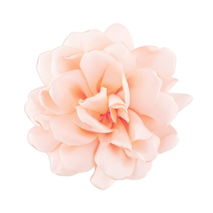 Detail of handmade fabric rose brooch in peach pink with layered translucent petals
