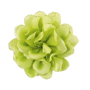 Detailed close-up of light green handmade fabric rose brooch with layered satin petals