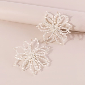 Detailed macro view of white faux pearl floral earrings with gold-toned hooks and beads