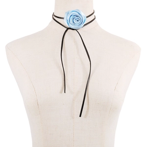 French vintage style light blue fabric rose flower choker with black ribbon tie