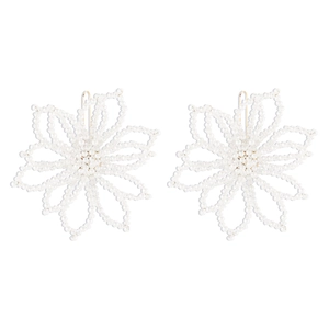 Close-up of elegant floral earrings crafted with intricate white pearls and gold accents