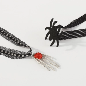 Gothic Halloween choker set with black lace skeleton hand rose and spider pendants