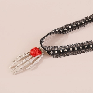 Gothic lace choker featuring a silver skeleton hand pendant and red rose for Halloween
