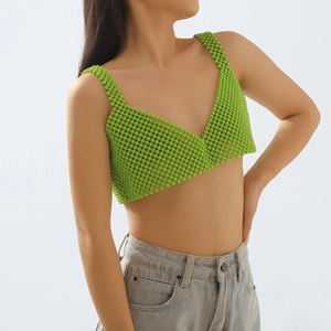 Top de bikini con cuentas verdes sexy y diseño geométrico de cadena corporal hecho a mano