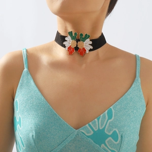 Vintage floral choker necklace with black velvet strap and colorful enamel flower pendants