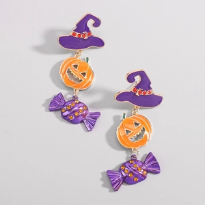 Orecchini di Halloween a forma di zucca con cappello da strega viola e caramelle