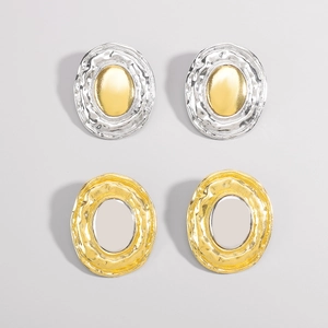Retro oval stud earrings with hammered two-tone gold and silver metallic texture