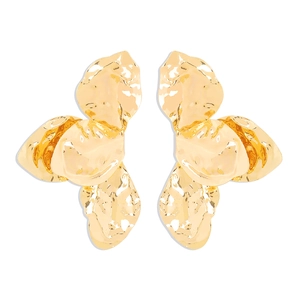 Retro golden metal petal earrings with textured wrinkled surface in a minimalist style