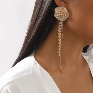 Vintage Γαλλικά Πολυτελή 3D Camellia Rose Flower Tassel Σκουλαρίκια Πλήρης Στρας Κράμα Φούντα Σκουλαρίκια για Συμπόσιο Πάρτι Γυναίκες