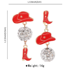 Western cowboy style asymmetric earrings featuring red hat, boot, and disco ball charms