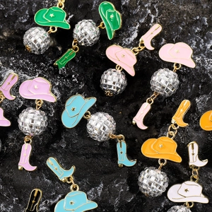 Chic Western cowboy earrings with colorful enamel hats, disco balls, and boots charms