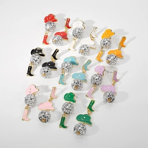 Detailed grid showing colorful western cowboy hat and disco ball boots dangle earrings