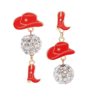 Detail of red enamel cowboy hat and boot earrings with disco ball accents