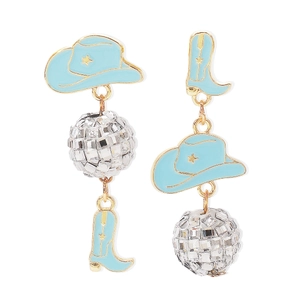 Detail of western cowboy earrings with blue oil drip hat, boot, and disco ball charms