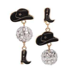Detail of asymmetric western earrings featuring cowboy hat, boot and disco ball