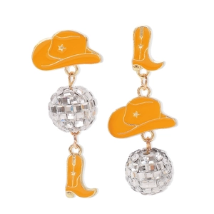 Detail of western cowboy earrings with orange enamel hat, boot and disco ball beads
