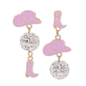 Detail of asymmetric cowboy earrings with pink hat, boot, and faceted disco ball pendants
