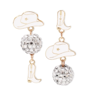 Detail of asymmetrical cowboy hat and boot earrings with disco ball elements