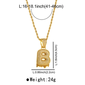Detailed dimensions of gold letter B pendant with shimmering zircons and lava drip effect