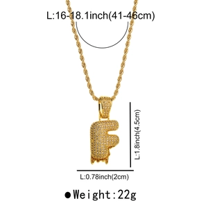 Detailed size specifications for hip hop letter F pendant with gold rope chain