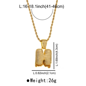 Detailed dimensions of gold rope chain with iced out bubble letter N pendant