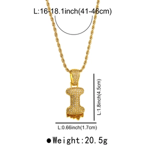 Detailed dimensions of gold letter I pendant with zircons and rope chain necklace