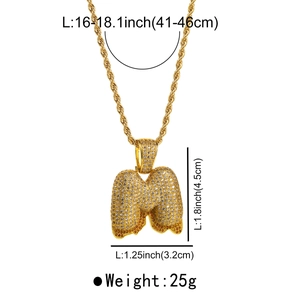Detailed view of hip hop gold letter M pendant with zircon inlay and chain measurements