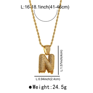 Detailed dimensions of copper pave-set zircon letter N necklace with lava drip effect