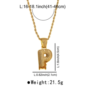Detail view of gold lava letter P pendant with zircon and dimensions 4.5cm by 2.1cm