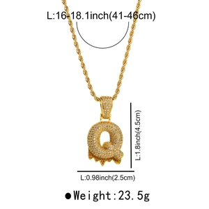 Detail showing hip-hop letter Q pendant dimensions and 18-inch gold twisted rope chain
