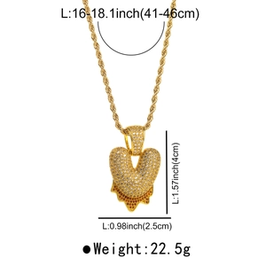 Detail showing dimensions of golden heart pendant necklace with micro-pave crystals