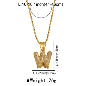 Detailed dimension guide for gold lava letter W pendant necklace with zircon and chain length