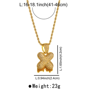 Detailed view of hip hop letter X pendant with stones and size dimensions labels