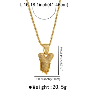 Detailed view of dripping gold letter Y pendant with dimensions and crystal pavé details