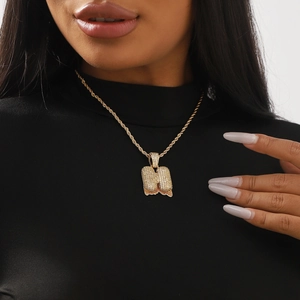 Hiphop gold bubble letter W pendant necklace with white zircons on chunky rope chain