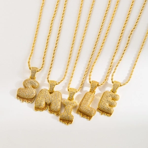 Hip hop gold bubble letter necklace SMILE with zircon and red stones in lava design