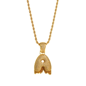 Hip hop style gold rope chain necklace with iced out letter A pendant and zircons
