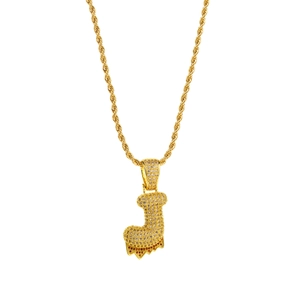 Close-up of golden bubble letter J pendant with micro-pave stones and liquid drip effect