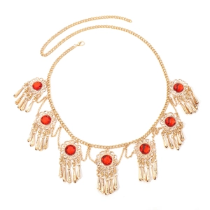Bohemian gold metal waist chain with red zircon pendants and tassel fringe charms