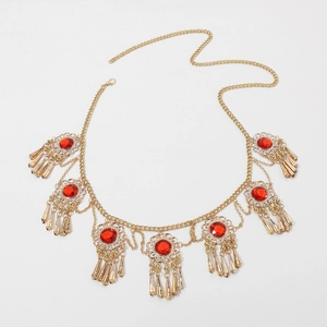 Bohemian gold metal waist chain with vintage red stones and elegant long tassels