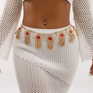 Bohemian Vintage Gold Alloy Waist Chain Red Zircon Tassel Body Jewelry Belly Chain For Women Dance Party Vacation Accessory